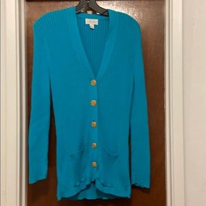 Teal cardigan with gold buttons